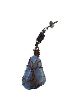 Handmade Artisan Copper Wire Wrapped Polished Blue Celestite Pendant Tree Design